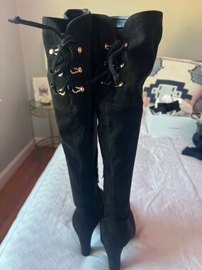 Unisa Suede Knee Boots with Back Gold Lace up